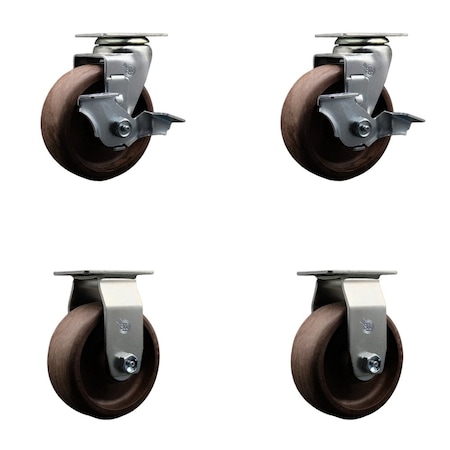 Service Caster 5'' High Temp Glass Filled Nylon Caster Set w/Roller Bearing 2 Brakes 2 Rigid, 4PK SCC-20S520-GFNRHT-TLB-2-R-2